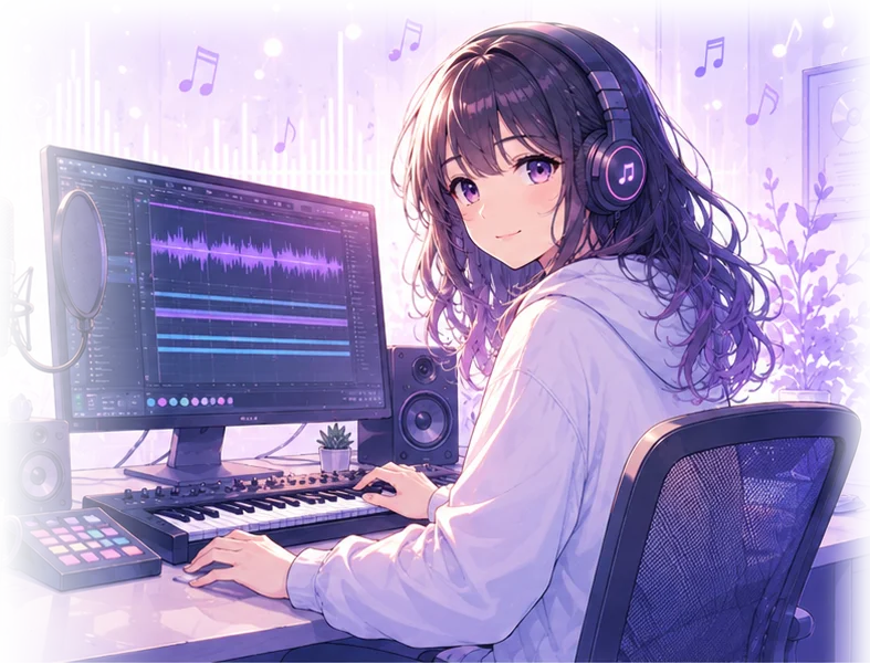 ヘッドホンをつけて作曲する音楽クリエイター